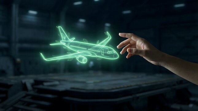 Close up of a hand touching a glowing neon green holographic airplane with leaves over a digital platform