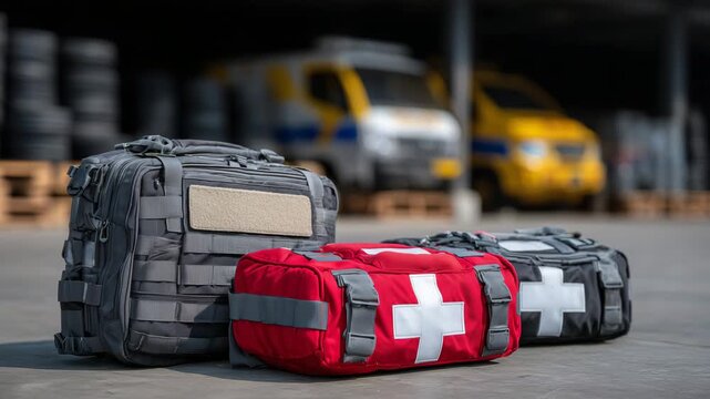 Emergency rescue equipment and first aid kit bags ready for rapid deployment, accident-at-work training setup, trauma kits containing tourniquets, compression bandages, splints, pa