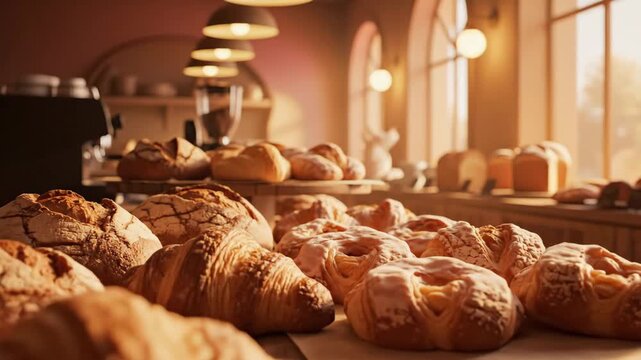 Video of cozy bakery interior animated background featuring flowing warm gradients, pastry shop ambiance, breakfast caf&eacute; setting and culinary marketing visual.