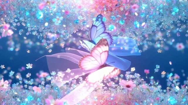 美しいベールをつけたモルフォ蝶がガラスの花畑を飛ぶ動画