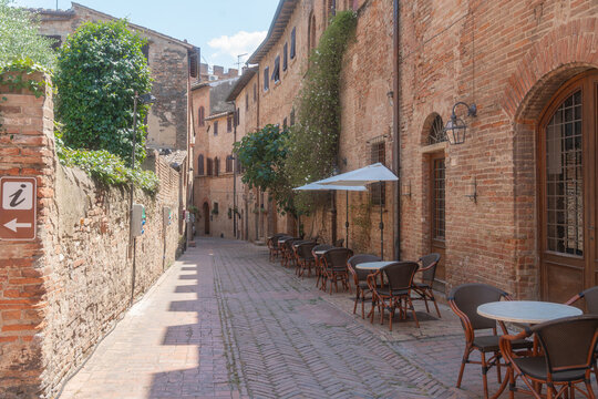 Quiet Old Town Street with Cafe, Baccoleno, Italy