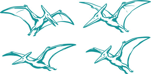 Hand Drawn Pterodactyl Dinosaur Set Vector Illustration, Flying Pterosaur Sketch Collection. © Prosenjit