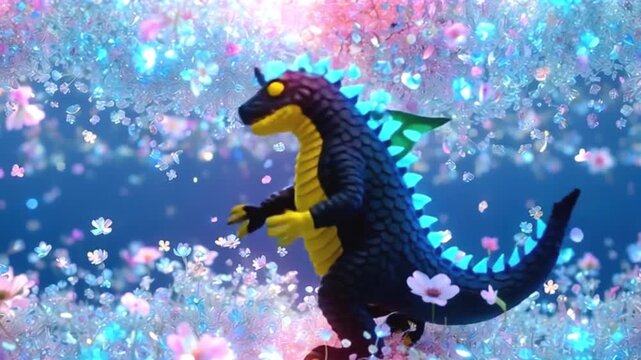 キラキラ花畑の中に現れる怪獣クレイアニメ動画