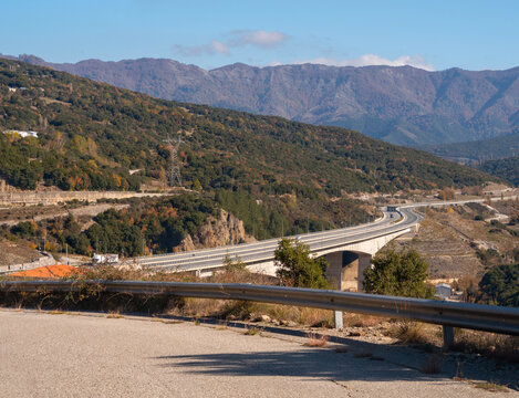 Modern motorway in Greece Egnatia Odos E90 in the Metsovo area in the Epirus mountains in Greece
