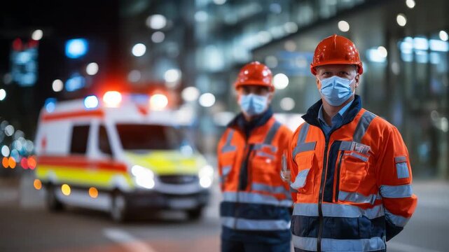 Faceless confident healthcare professionals standing near emergency ambulance, hospital emergency entrance blurred behind, medical teamwork, reliability and readiness concept, bala