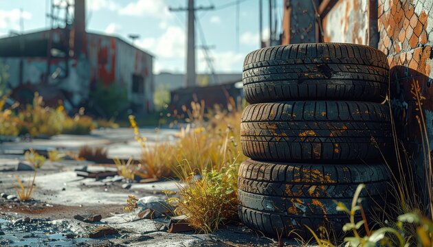 Stack of old tires and salvaged metal forming a rudimentary defensive barrier in an abandoned industrial area