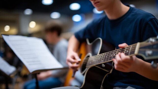 Faceless diligent person learning acoustic guitar in structured music lesson, teacher pointing at sheet music, education and skill development, guitar practice, artistic growth, re