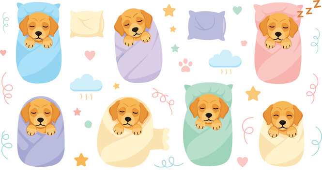 Cute sleeping puppy wrapped in colorful blankets and pillows with stars, clouds and hearts, adorable baby dog bedtime nursery cartoon vector illustration set