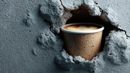 Cracked Wall Tackle Concrete Wall Latte Disposable Coffee Cup With Latte Art Emerging Through Rough Concrete Wall Urban Coffee Break Concept With Textured Industrial Background