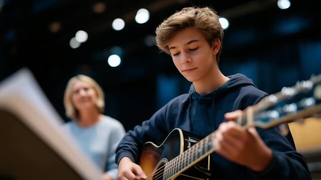 Faceless youthful diligent person playing an acoustic guitar while seated across from a music teacher during a private lesson, instructor gesturing toward chord placement, sheet mu