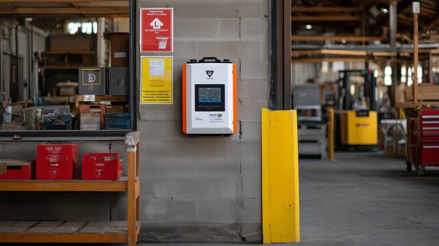 Factory emergency response setup featuring wall-mounted AED, high-visibility cabinet with defibrillator inside, safety posters, first aid equipment and emergency phone clearly disp
