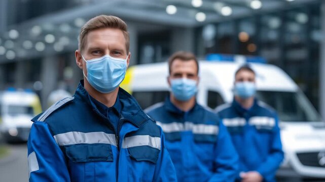 Group portrait of faceless young doctors and paramedic workers, ambulance parked outside hospital, clean medical uniforms, confident stance, emergency healthcare service theme, rea