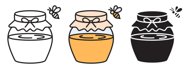 Honey jar icon set: linear editable stroke, color fill, and solid silhouette. Organic nectar with bee, spring Easter theme. Flat vector illustration, clean outline and bold graphics. © Tetiana
