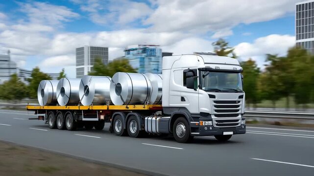 Industrial logistics scene with flatbed truck transporting steel coils, heavy metal cargo secured with chains, highway environment, manufacturing supply chain concept, wide-angle c