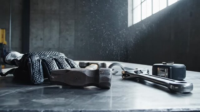 Protective gloves and tools arranged neatly on a solid industrial workbench, thick textured safety gloves placed beside a hammer, adjustable wrench, and measuring tape, cool neutral workshop lighting