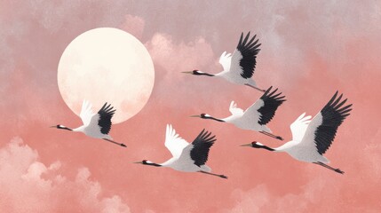 Fototapeta premium Cranes fly across the sky at dusk