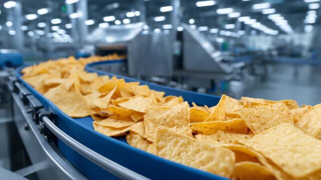 Industrial snack production line with crackers moving along conveyor, machinery processing and sorting products, factory interior with stainless steel equipment, high-detail indust