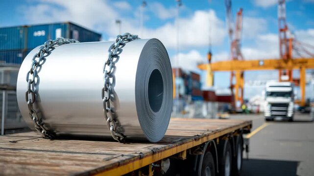 Macro close-up of cylindrical metal steel coil on truck trailer, detailed texture of rolled steel visible, chains securing cargo in sharp focus, reflective metallic surfaces, indus