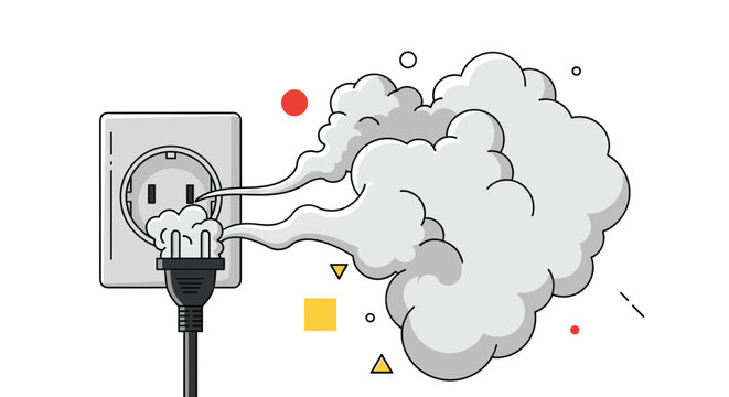Electrical wall outlet and plug with thick grey smoke coming out due to a short circuit or fire hazard emergency.