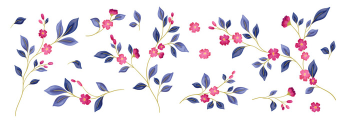 Naklejka premium Botanical elements set, floral collection with elegant watercolor plants. Isolated hand-drawn twigs with small red flowers, thin stems, and tiny blue leaves. Vector illustration.