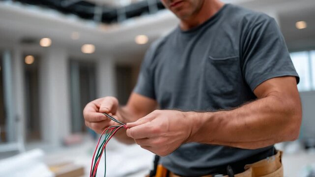 Macro close-up of hands threading electrical wires, indoor office renovation