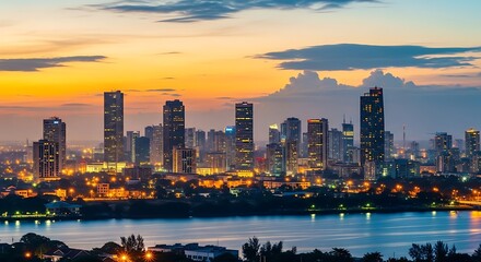 Naklejka premium City skyline with illuminated skyscrapers at dusk, reflecting in calm water