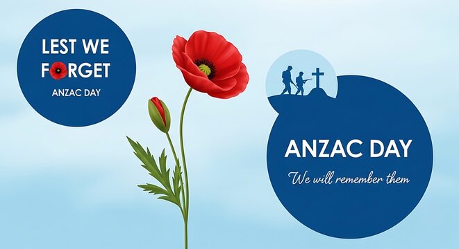 Anzac day poster with red poppy and lest we forget text on blue background