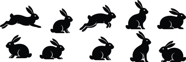 Black silhouette vector illustration of rabbits in various natural poses, wildlife art showcasing animal motion, pet design, and stylized details. © anisur-creatives