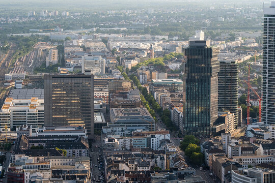 Aerial business skyline over Frankfurt Germany city district with urban skyscraper architecture showing modern towers for corporate economy concept