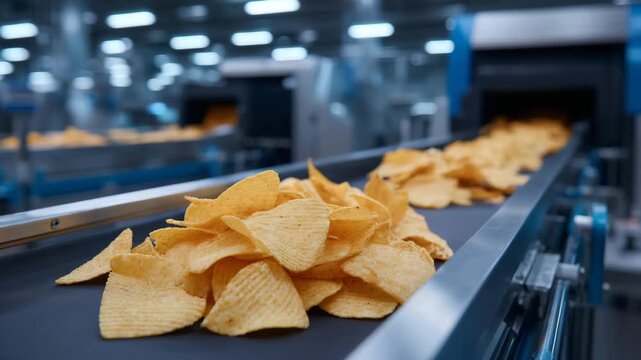 Macro detail of chips on moving conveyor, shiny metallic surfaces, automated packaging machines in soft focus, crispy textures of snacks highlighted, food manufacturing, industrial