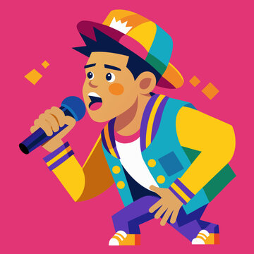 Young boy beatboxing into microphone with colorful attire