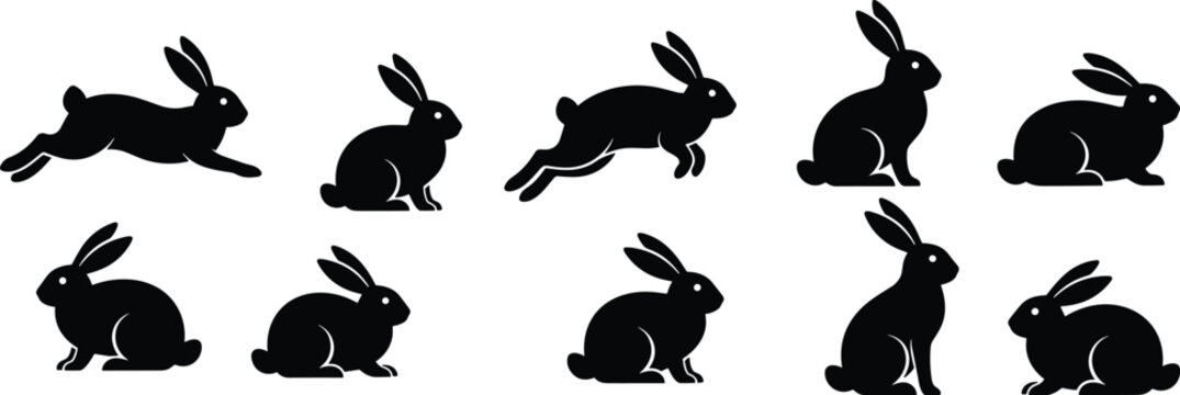 Black silhouette vector illustration of rabbits in various natural poses, wildlife art showcasing animal motion, pet design, and stylized details.