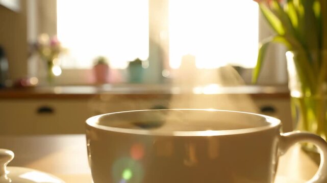 This video features morning coffee steam with warm vapor rising in a fresh spring mood, cozy breakfast atmosphere, lifestyle comfort concept, and minimalist kitchen background for modern branding.