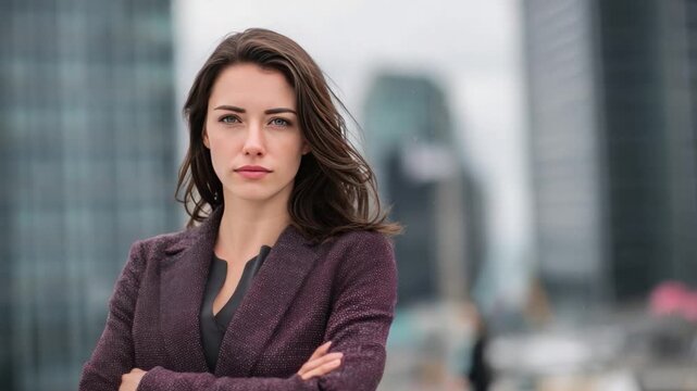 Confident Businesswoman: A strong and capable businesswoman stands confidently against a backdrop of modern skyscrapers, her poised demeanor and focused gaze reflecting ambition and determination.
