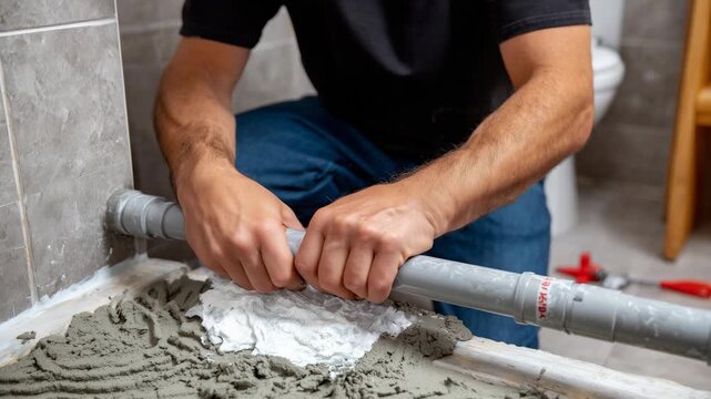 Macro of hands connecting gray PVC pipes, indoor bathroom renovation, adhesive and trowel visible