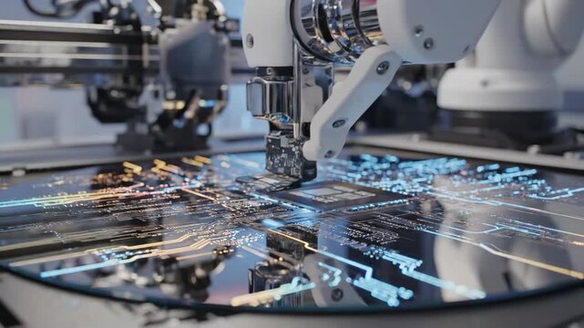 Video of Semiconductor Fabrication Process Close Up showcasing silicon wafer production, chip architecture precision, and smart technology components for industrial branding and innovation