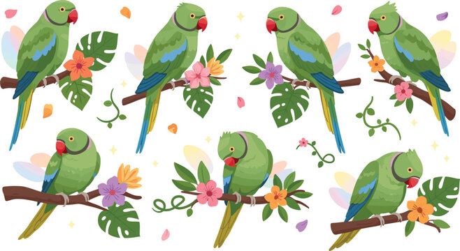 Cute green parrot sitting on tree branches with tropical flowers and leaves, colorful cartoon bird character set in nature vector illustration