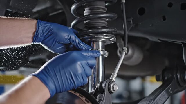 Video of automotive shock absorber inspection in progress, detailed suspension system close view for repair and engineering content.