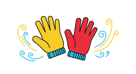 Fototapeta premium Pair of bright yellow and red winter or work gloves surrounded by colorful swirling wind lines on white background.