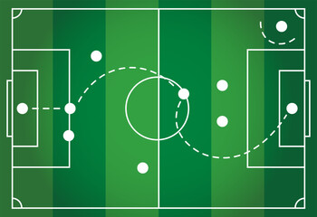 soccer field with tactical strategy lines and player positions. Minimalist football pitch diagram with movement paths © Creatmark