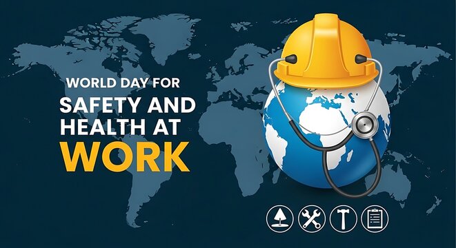 World day for safety and health at work with a globe wearing a hard hat and stethoscope