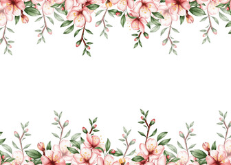 Watercolor floral border with cherry blossom branches along the top and bottom edges. Suitable for wedding invitations, greeting cards, stationery, branding, packaging, posters, and romantic spring 