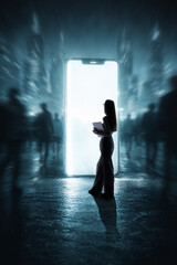 Businesswoman standing before giant glowing smartphone portal in futuristic digital city. Concept...