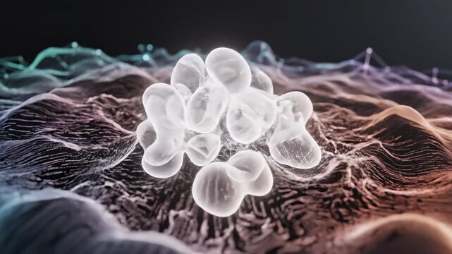 This video presents abstract neural network visualization with morphing organic shapes and dynamic color transitions, emphasizing artificial intelligence innovation, data flow and computational design