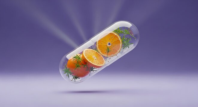 Orange slices inside a capsule illustrating vitamins and healthy nutrition