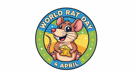Obraz premium World rat day logo with cartoon rat holding cheese on april 4th celebration emblem