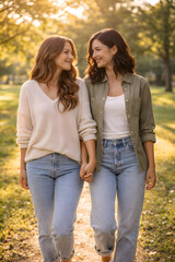 Fototapeta premium Two women holding hands and smiling while walking through a sunlit park path surrounded by warm autumn light and nature.
