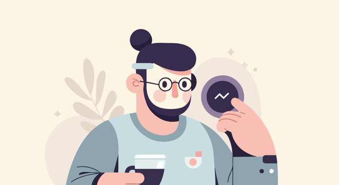 Person with coffee and magnifying glass examining a digital icon