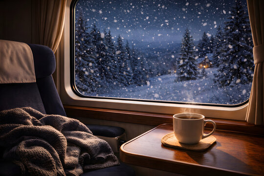 Warm train interior with steaming coffee and blanket beside a window overlooking a snowy forest and cozy cabin during a winter night.