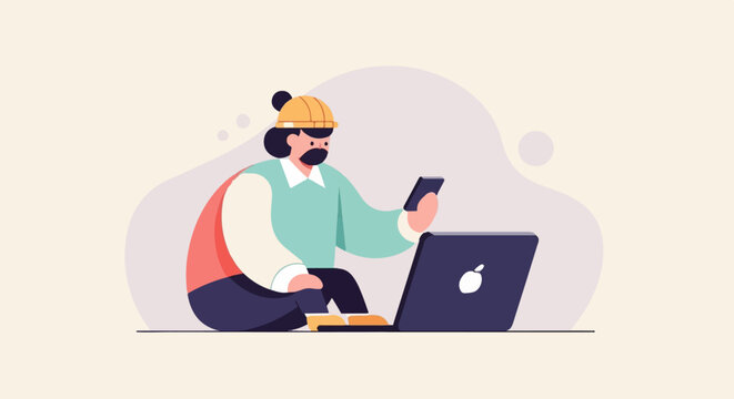 Person with hat, mustache, using phone and laptop on floor